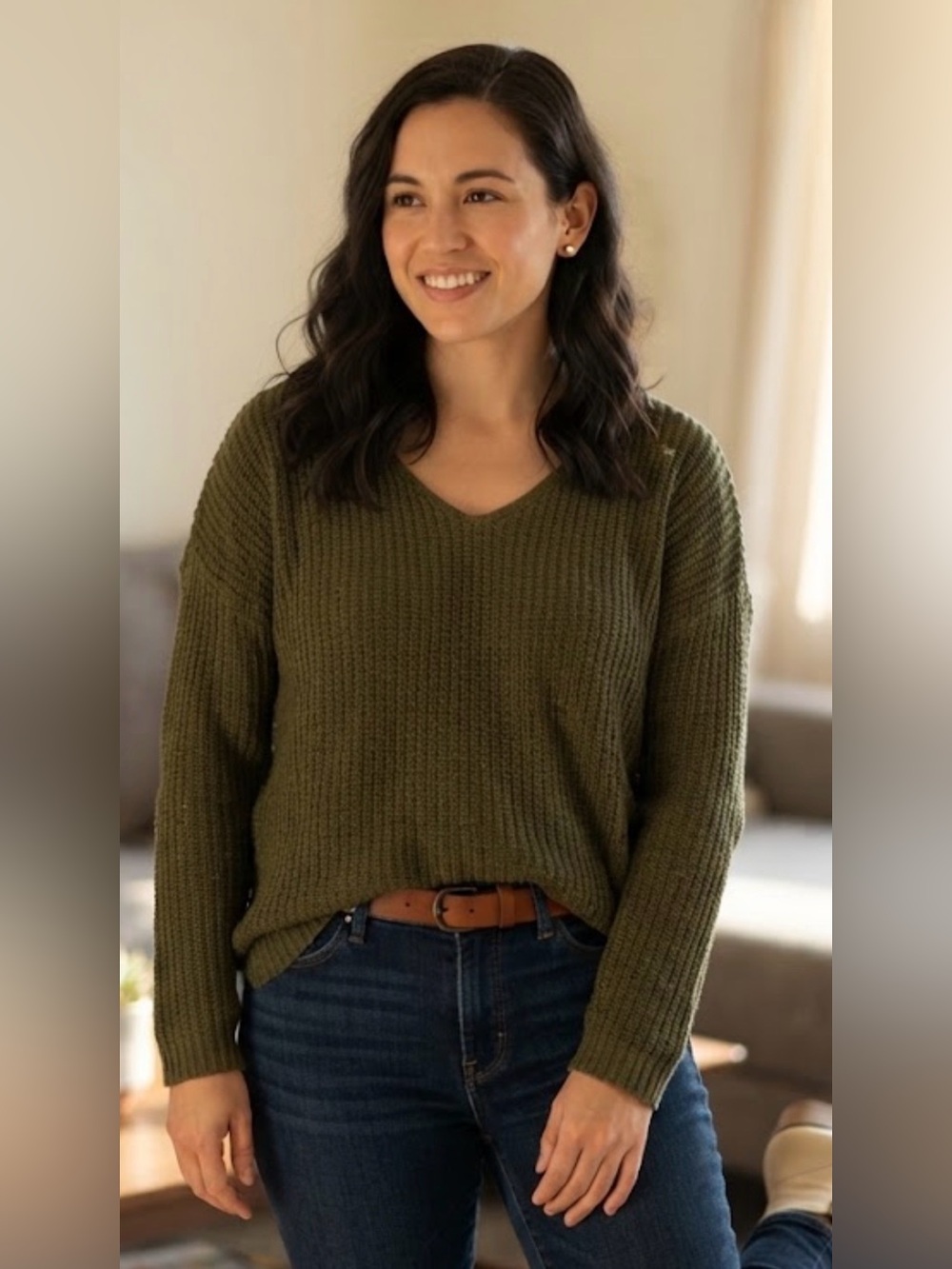 Charlotte Russe Olive V-Neck Ribbed Sweater